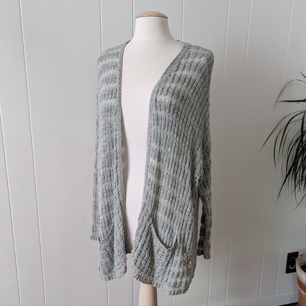 Free People Long Loose Weave Open Front Pale Pastel Blue Gray Cardigan Size S